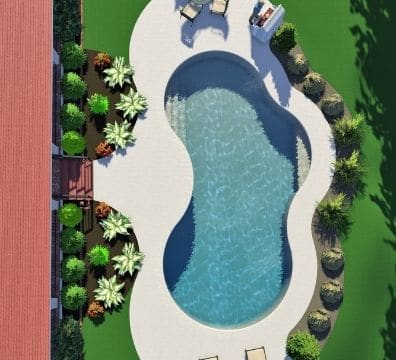 free form 3D pool with nice landscaping